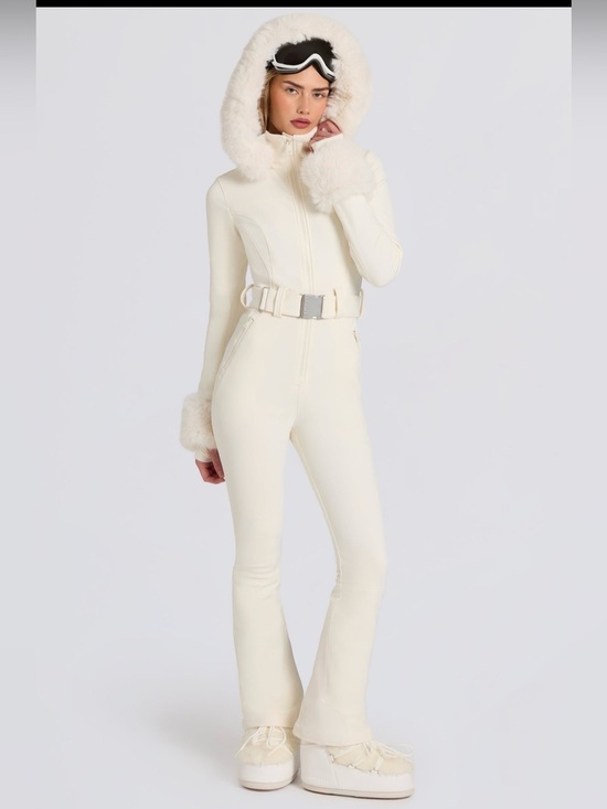Bo + Tee Pants - Bo + Tee Fitted Ski Jumpsuit with Faux Fur Hood and Cuff Trim